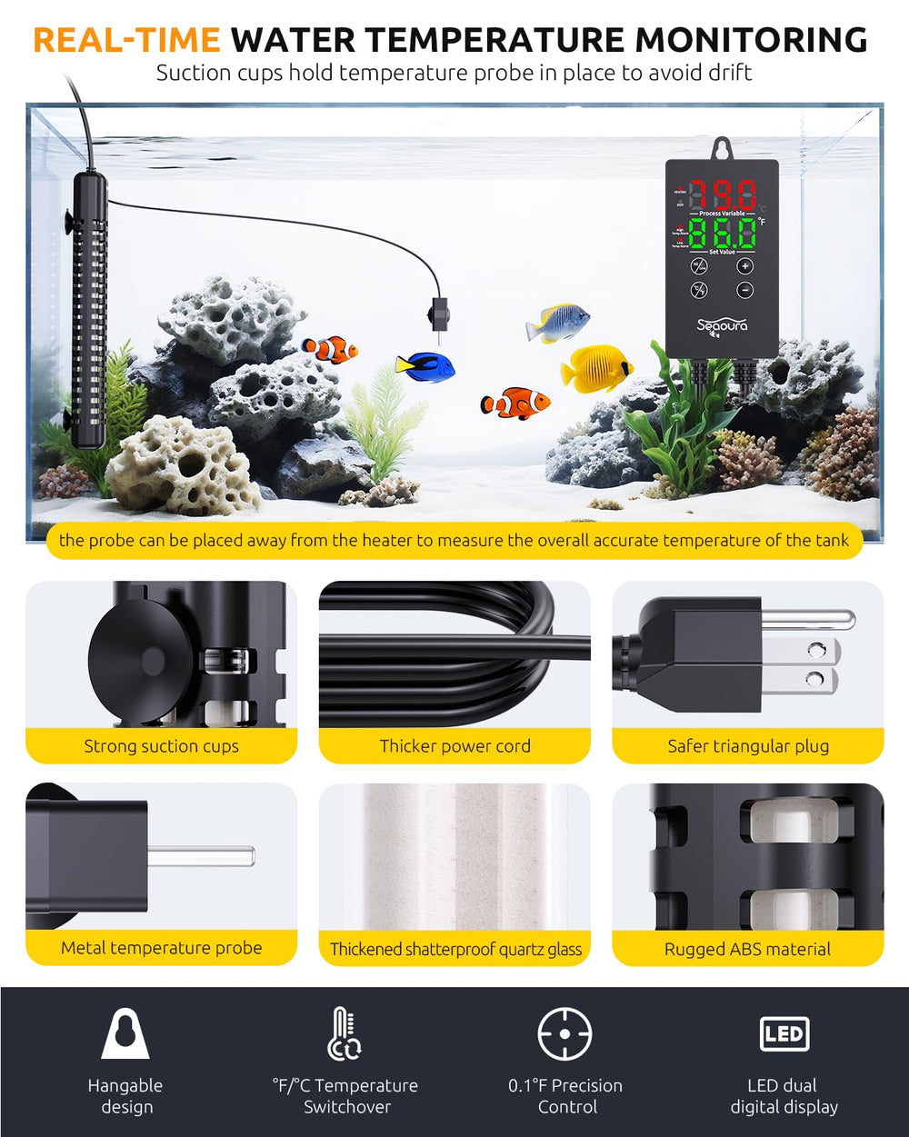 SEAOURA aquarium heater-precision-control-0-1f enables fine temperature adjustments
