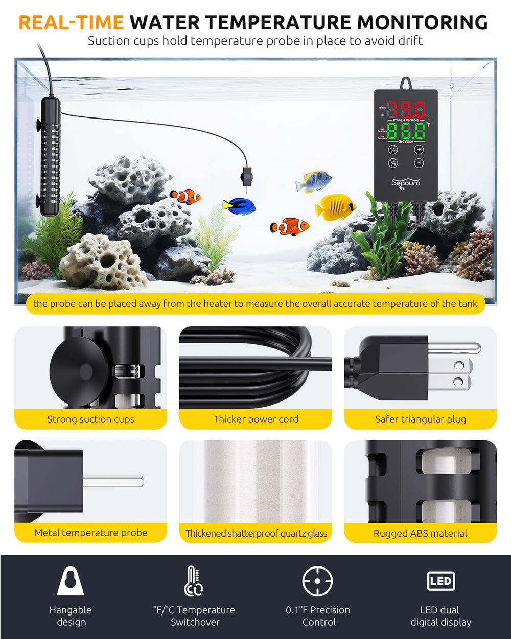 SEAOURA Aquarium Heater precision-control maintains near-set temperatures