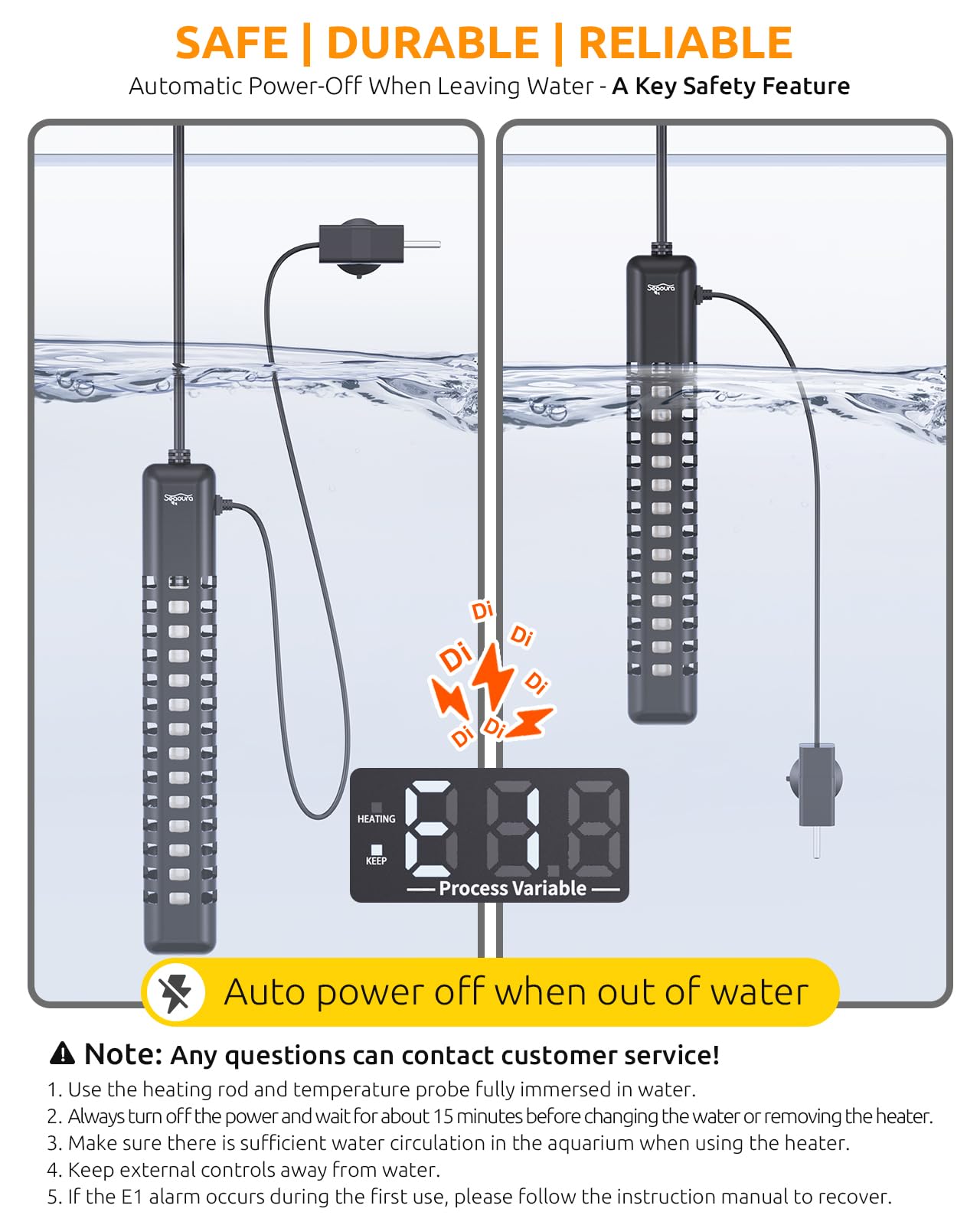 SEAOURA aquarium heater safety alarm signals overheat or exposed probe for checks