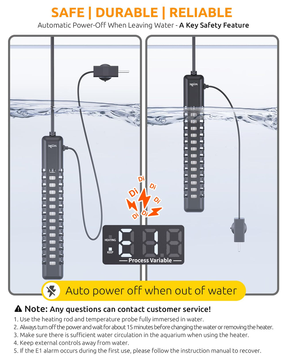 SEAOURA aquarium heater safety alarm signals overheat or exposed probe for checks