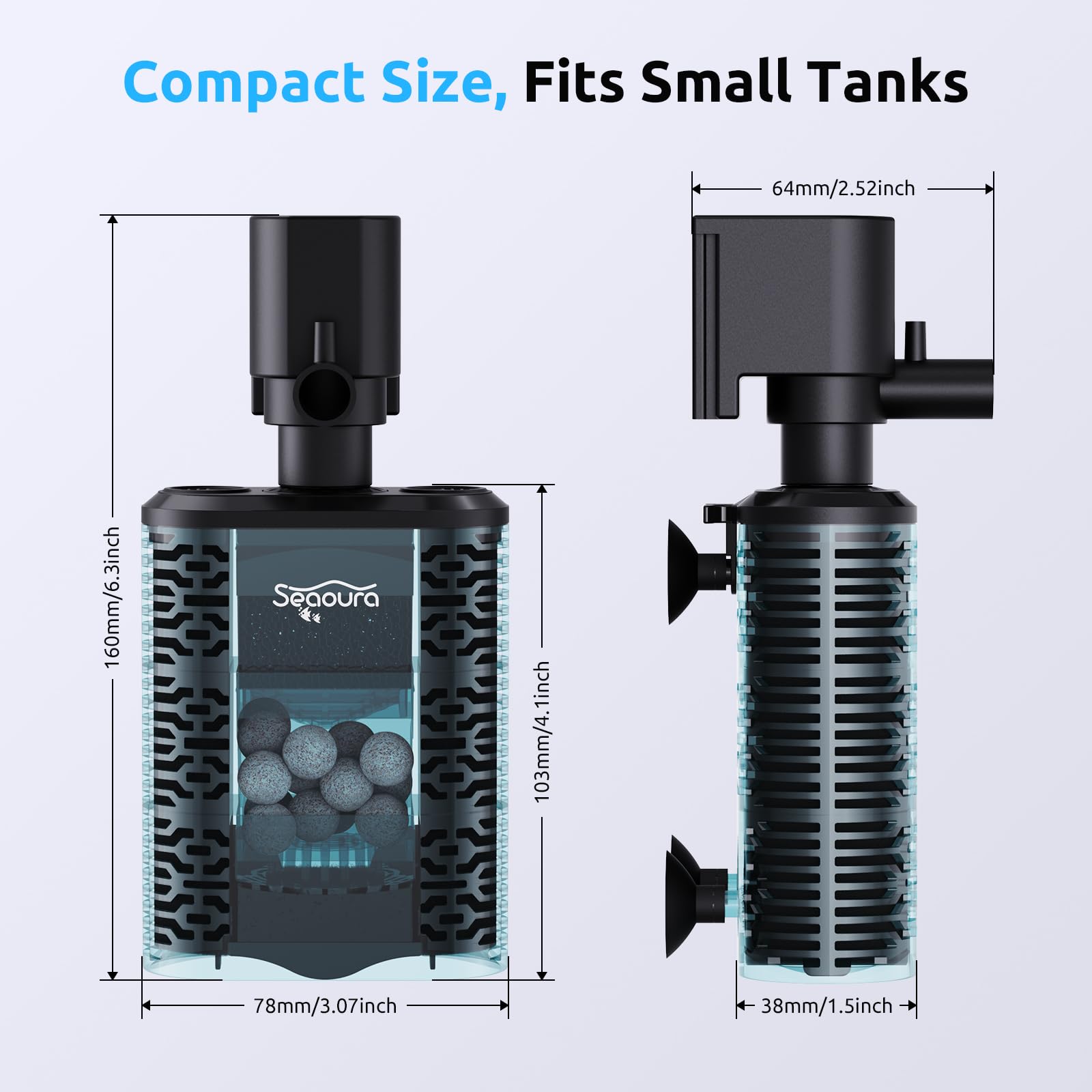 SEAOURA filter secured with three suction cups for stable mounting.