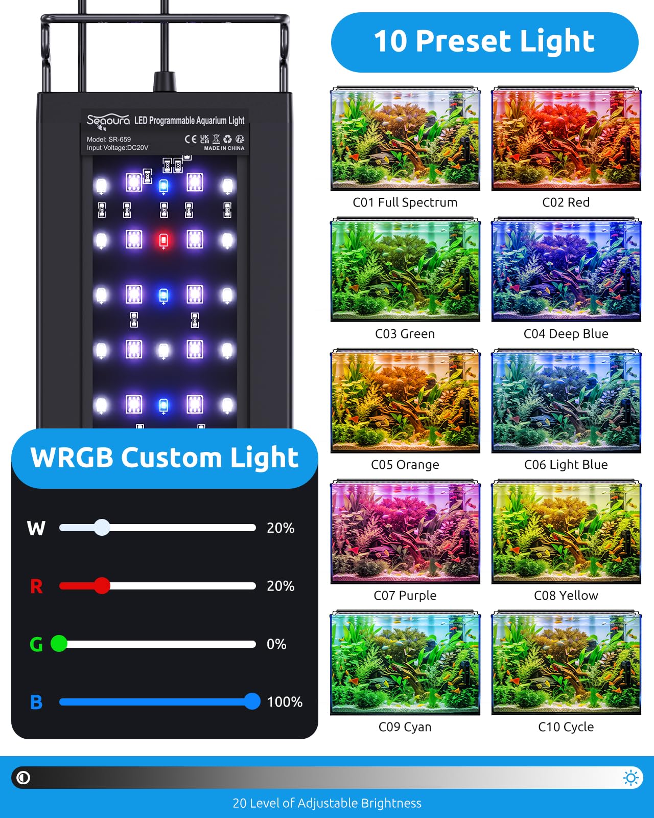 SEAOURA aquarium light 20-level dimming lets you tailor brightness to your tank needs.