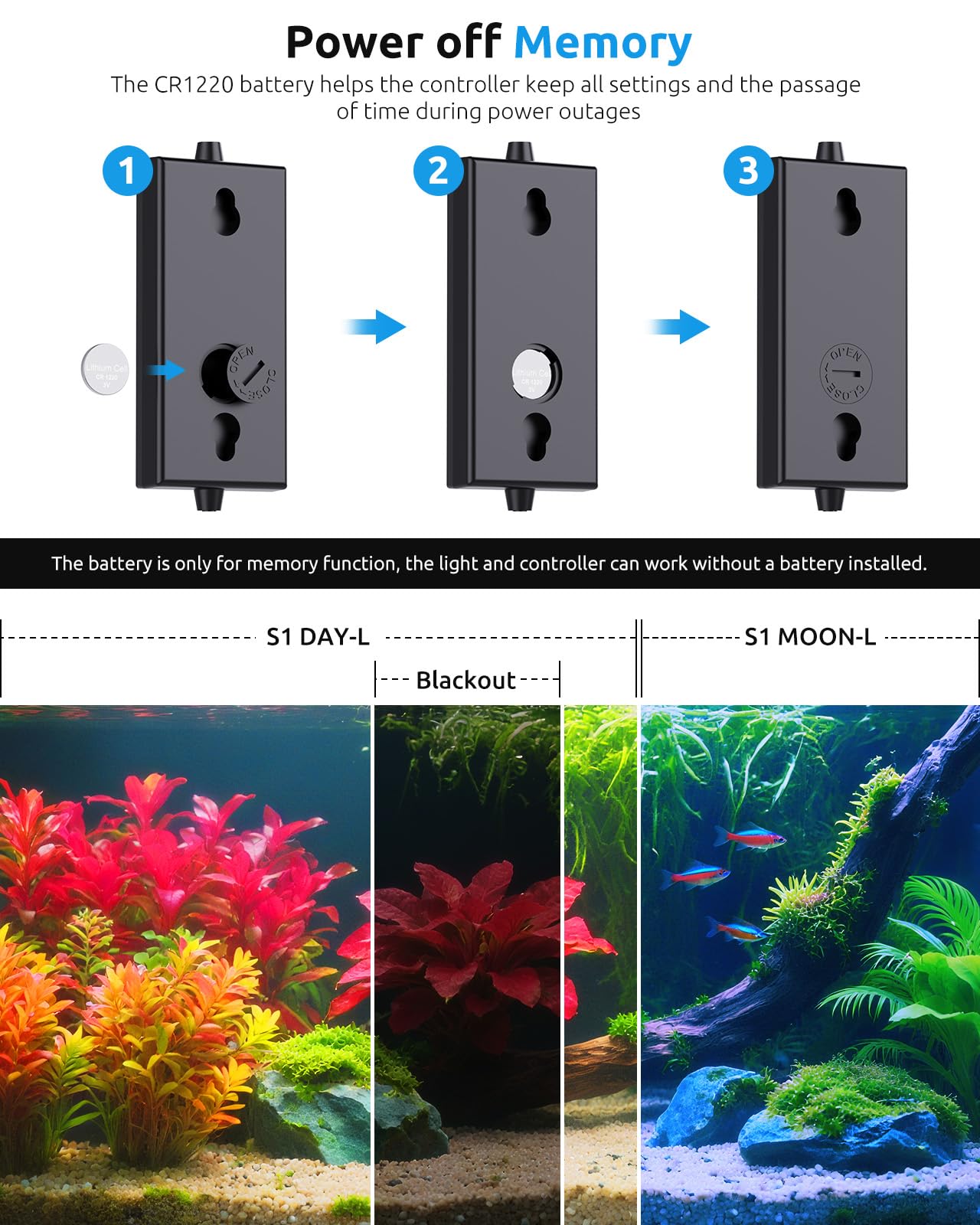 SEAOURA aquarium light offers 3 timer modes for day, night, and continuous cycles.