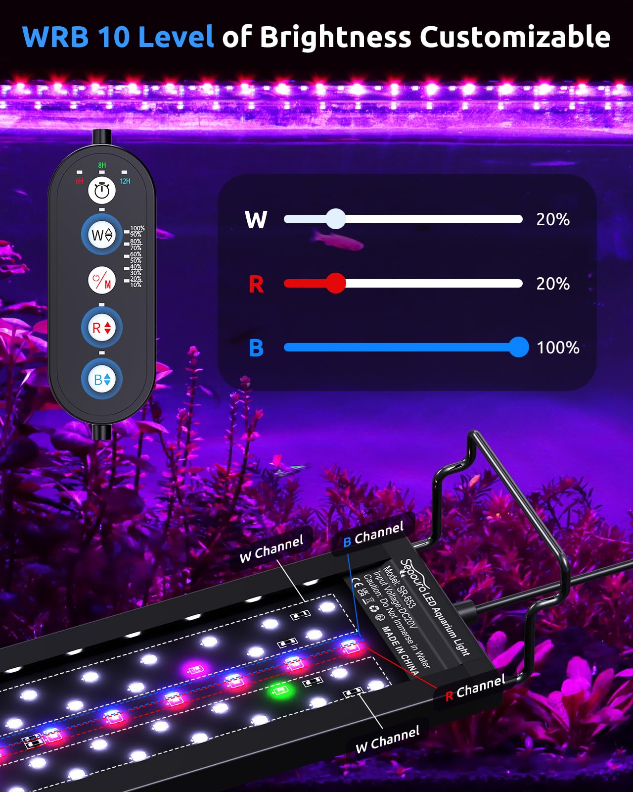 SEAOURA WRB 3-channel lighting blends red/blue/white for color-enhanced tanks