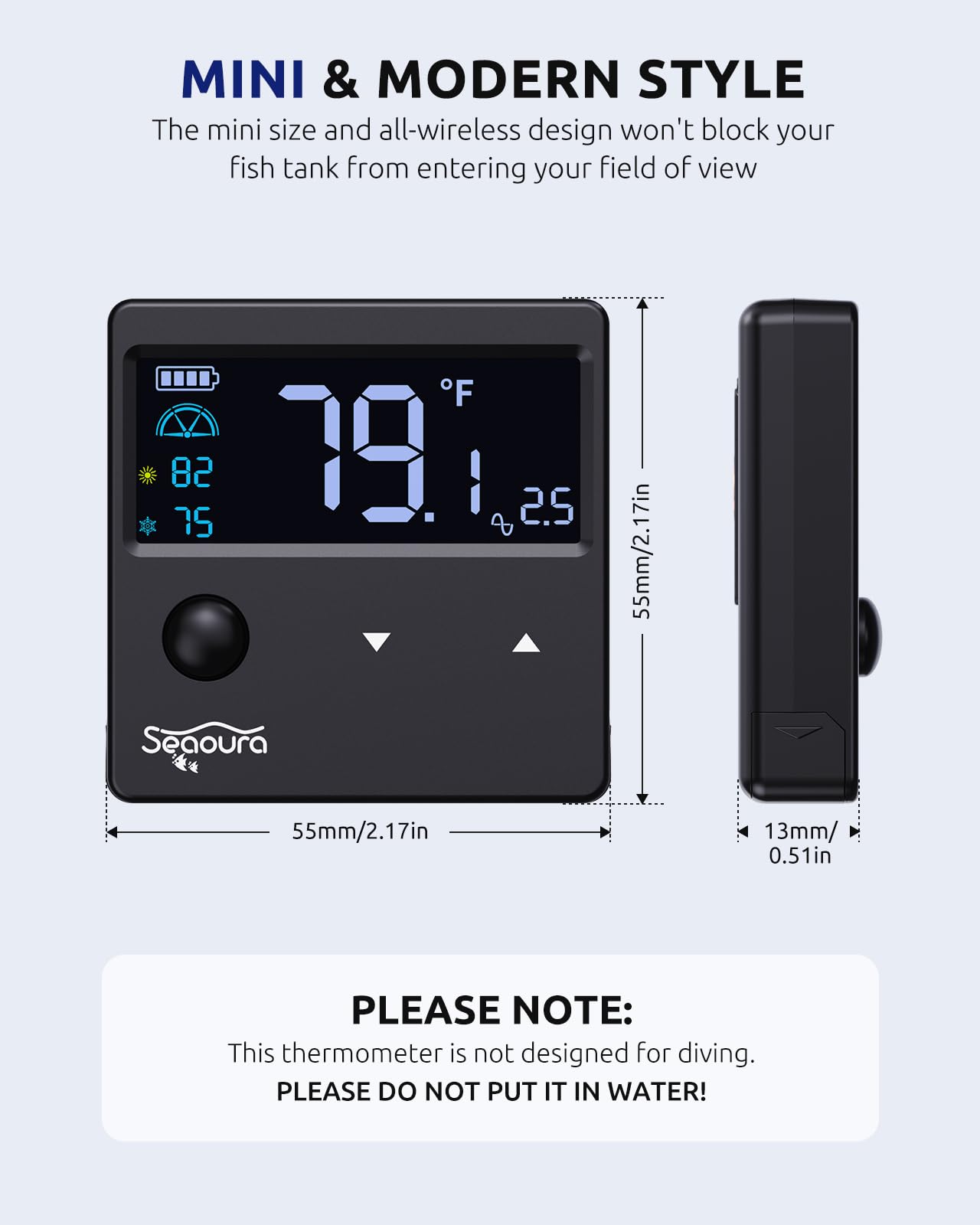 SEAOURA Compact thermometer fits glass tanks in freshwater or saltwater setups.