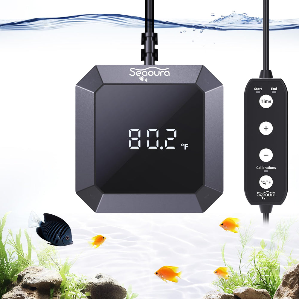 SEAOURA aquarium thermometer in water shows precise temperature readings for healthy fish tanks.