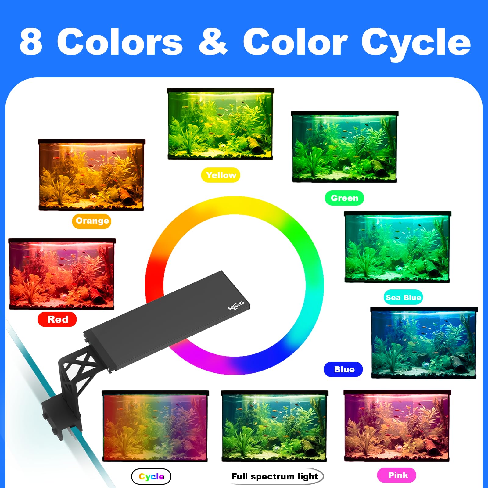 SEAOURA clip-on light shows cycle mode with color options for dramatic effects