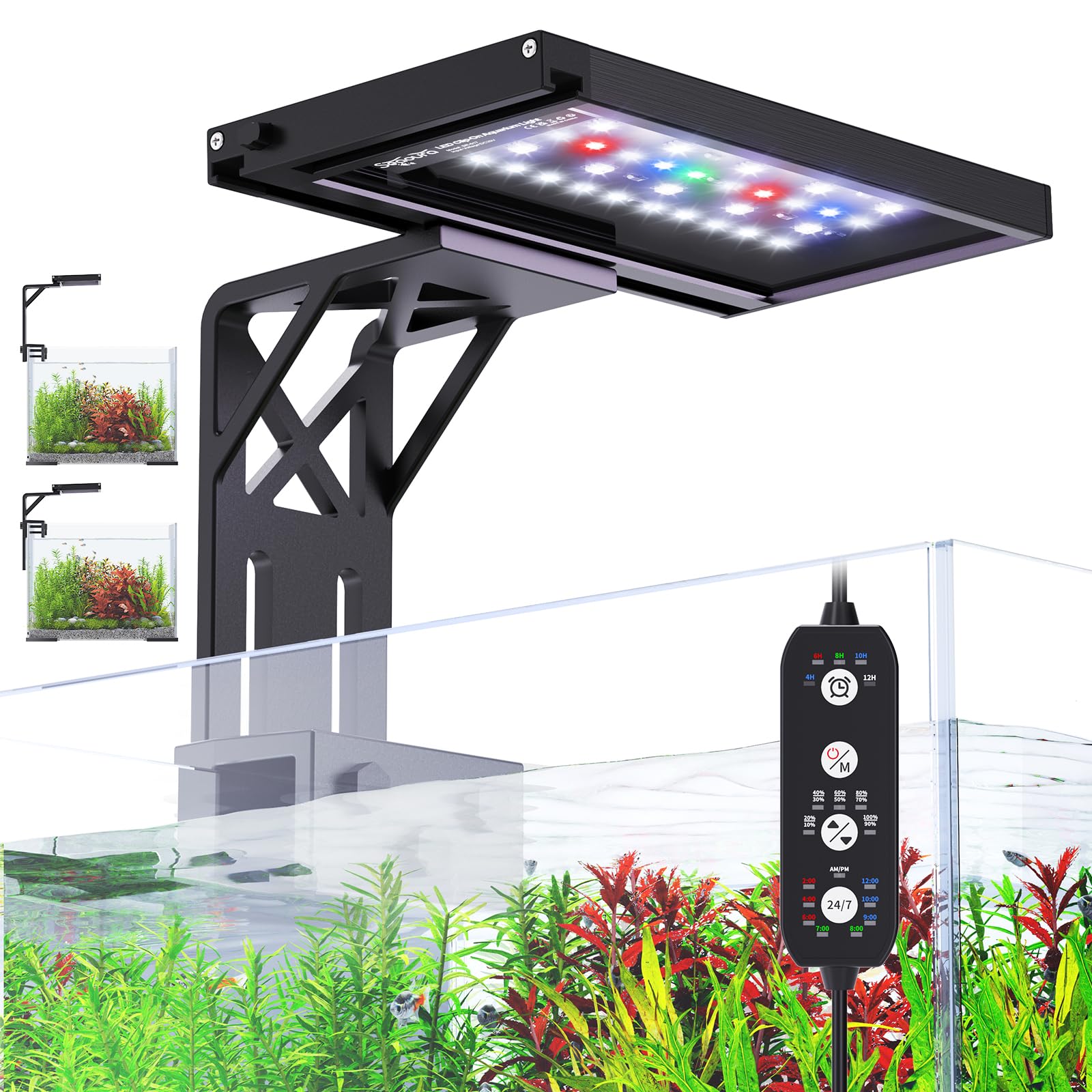 SEAOURA clip-on light on a tank supports lush plant growth and easy setup.