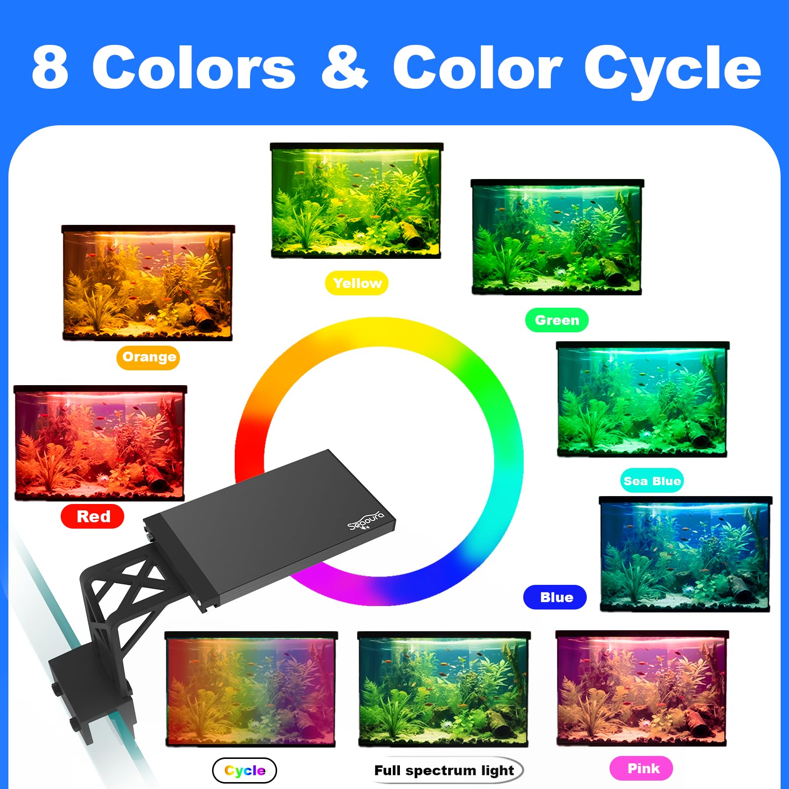 SEAOURA cycle colors mode displays seven hues for atmospheric aquarium scenes.