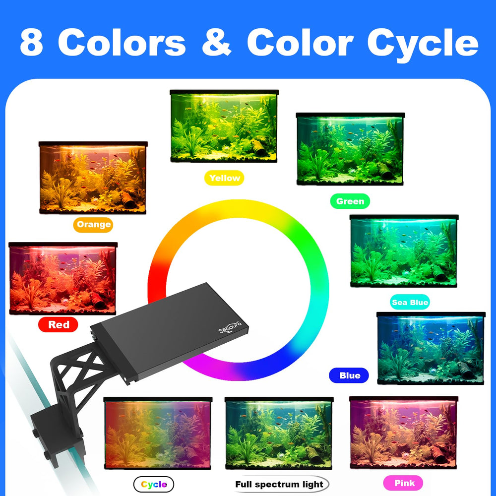 SEAOURA cycle colors mode displays seven hues for atmospheric aquarium scenes.