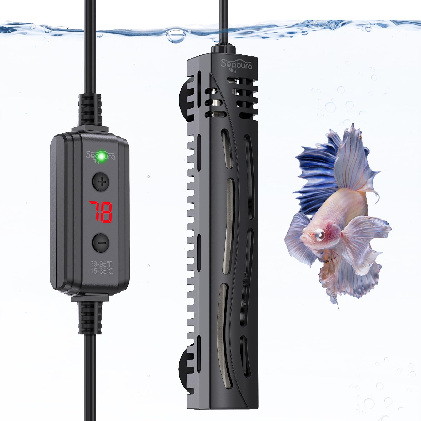 SEAOURA fresh and saltwater compatible heater for versatile aquariums.