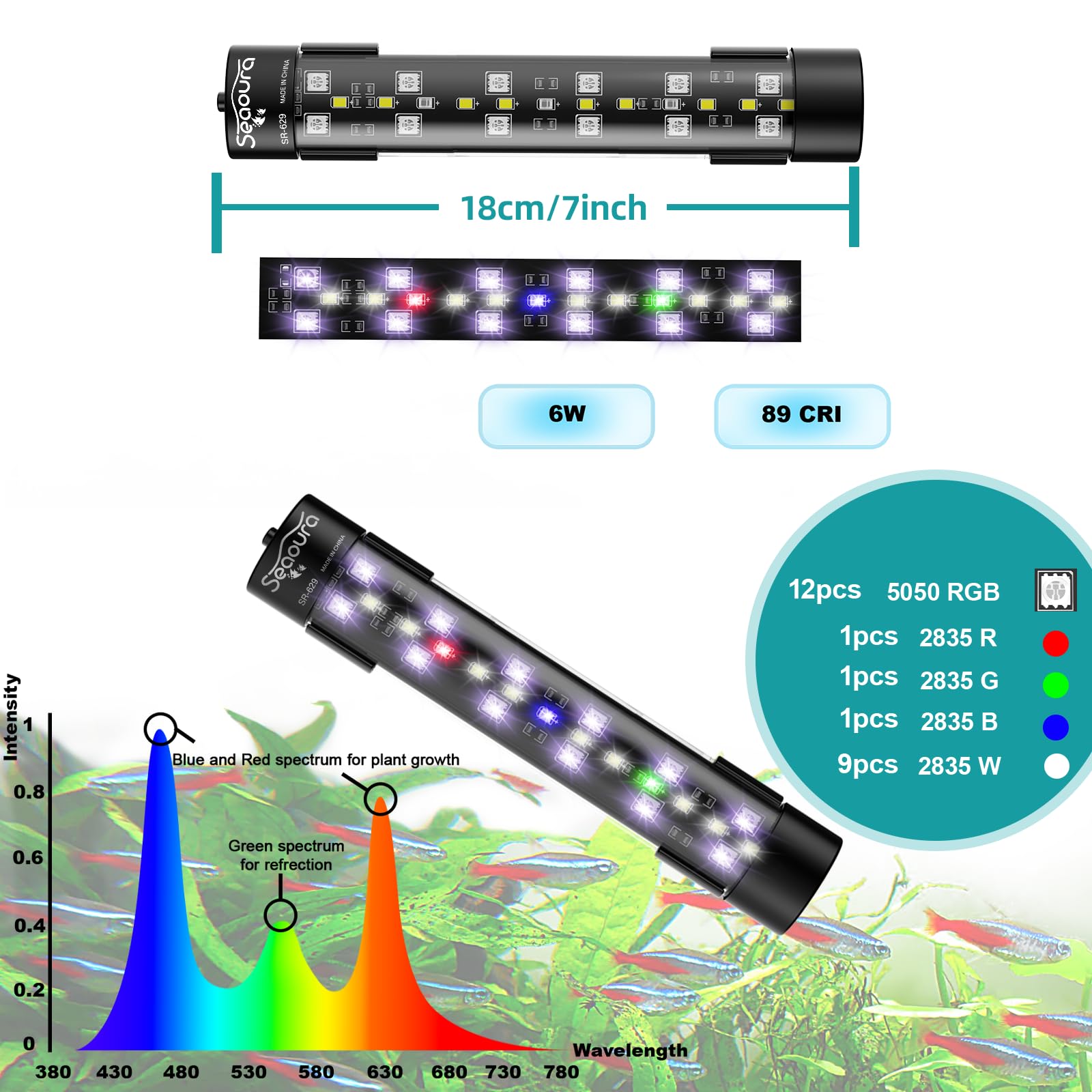 SEAOURA full-spectrum light with color modes improves tank ambiance and plant appeal.
