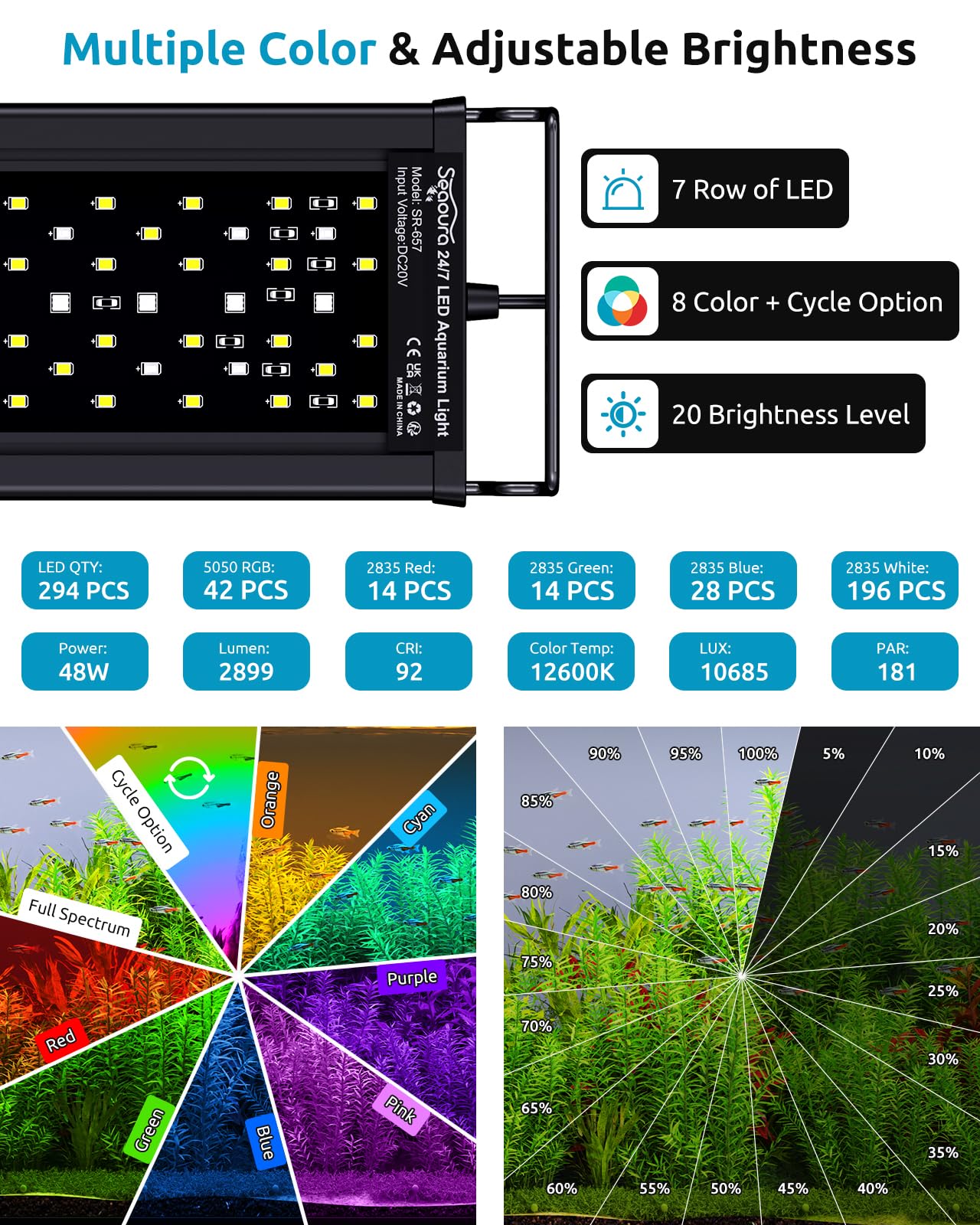 SEAOURA full-spectrum color options close-up for natural day-night aquarium ambiance.