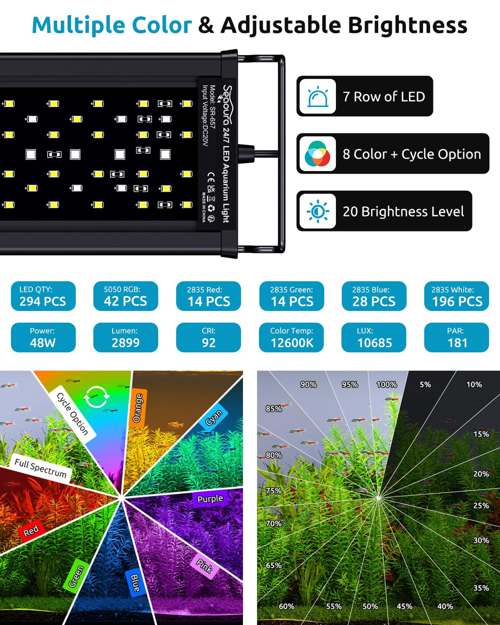 SEAOURA full-spectrum color options close-up for natural day-night aquarium ambiance.