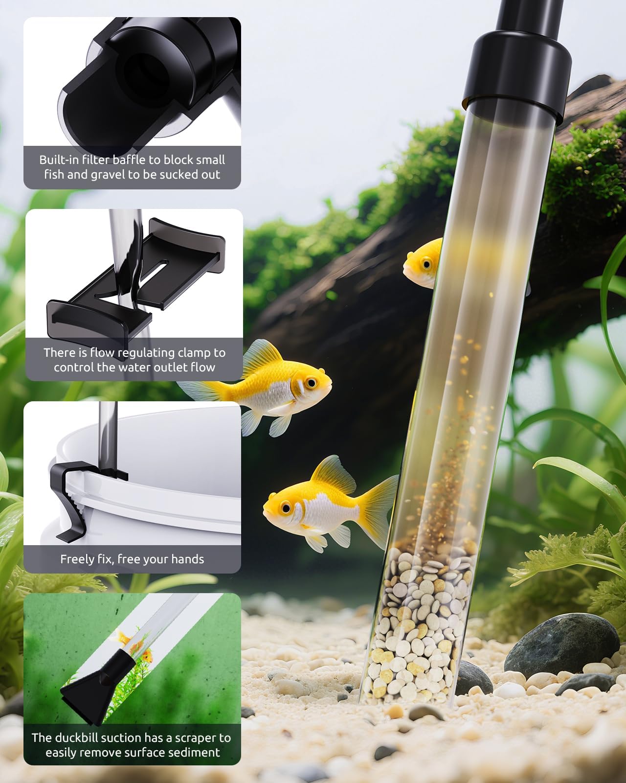 SEAOURA gravel vacuum 4in1-function combines washing, scraping, suction and flow control