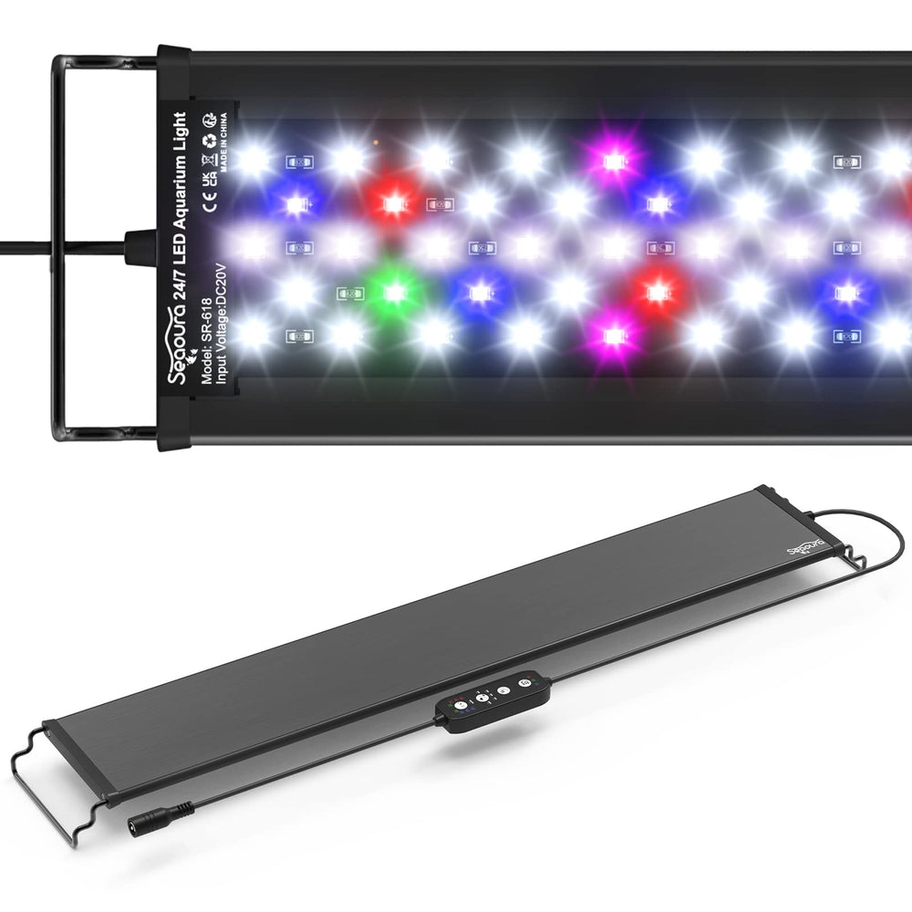 SEAOURA LED aquarium light with extendable bracket over tank for flexible mounting.