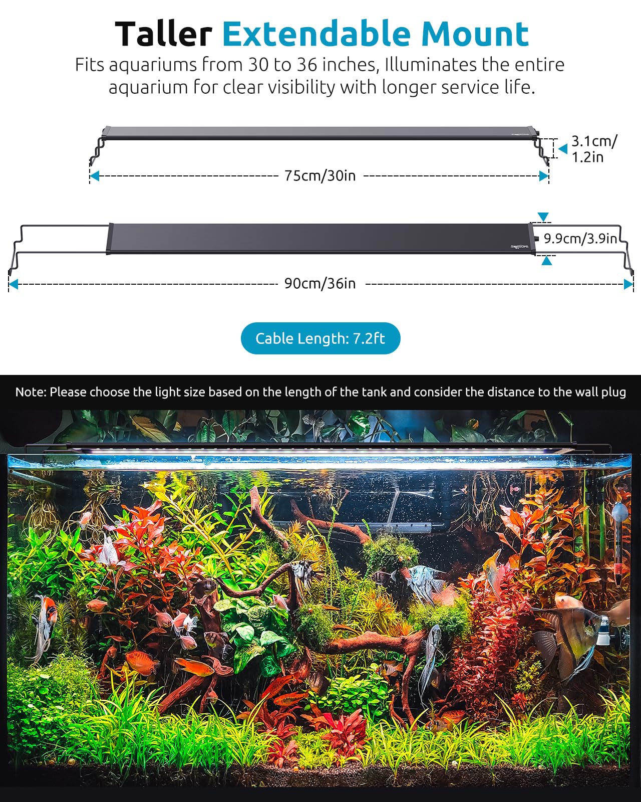 SEAOURA LED aquarium light extendable bracket fits varying tanks.