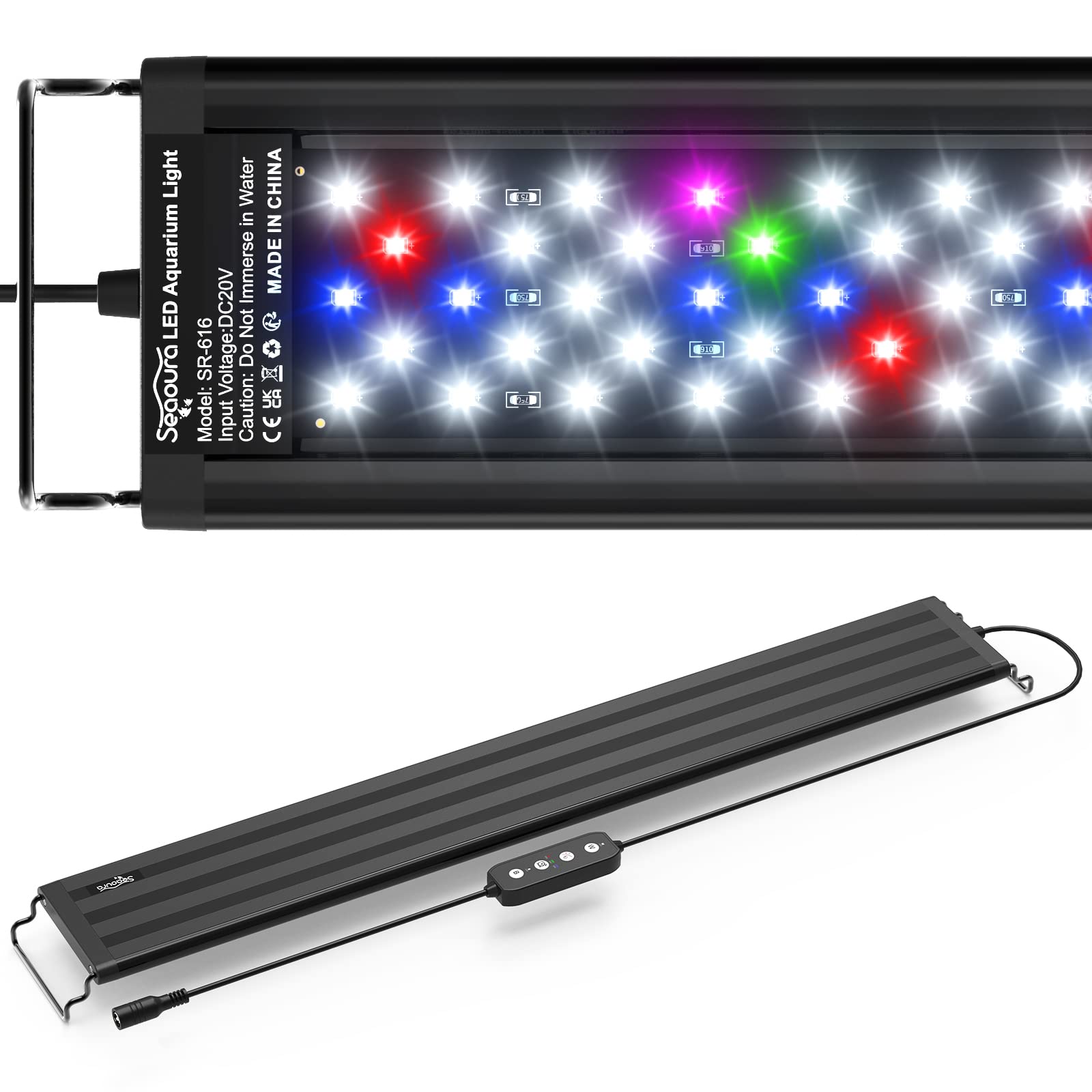 SEAOURA LED aquarium light over a 24-30 inch tank with full-spectrum glow for plant growth