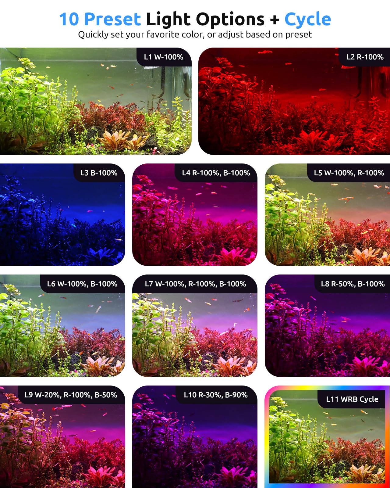 SEAOURA LED aquarium light timer interface enables easy 6H/8H/12H scheduling.