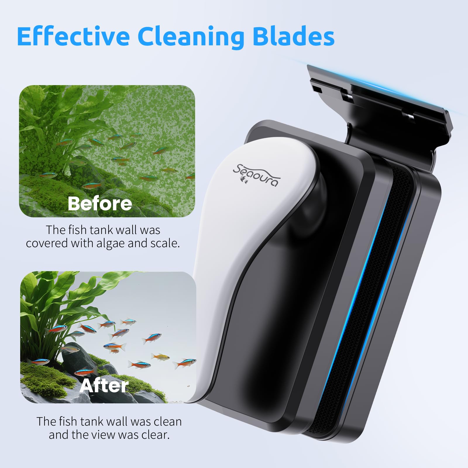 SEAOURA ergonomic contoured handle provides comfortable grip during weekly tank cleaning.