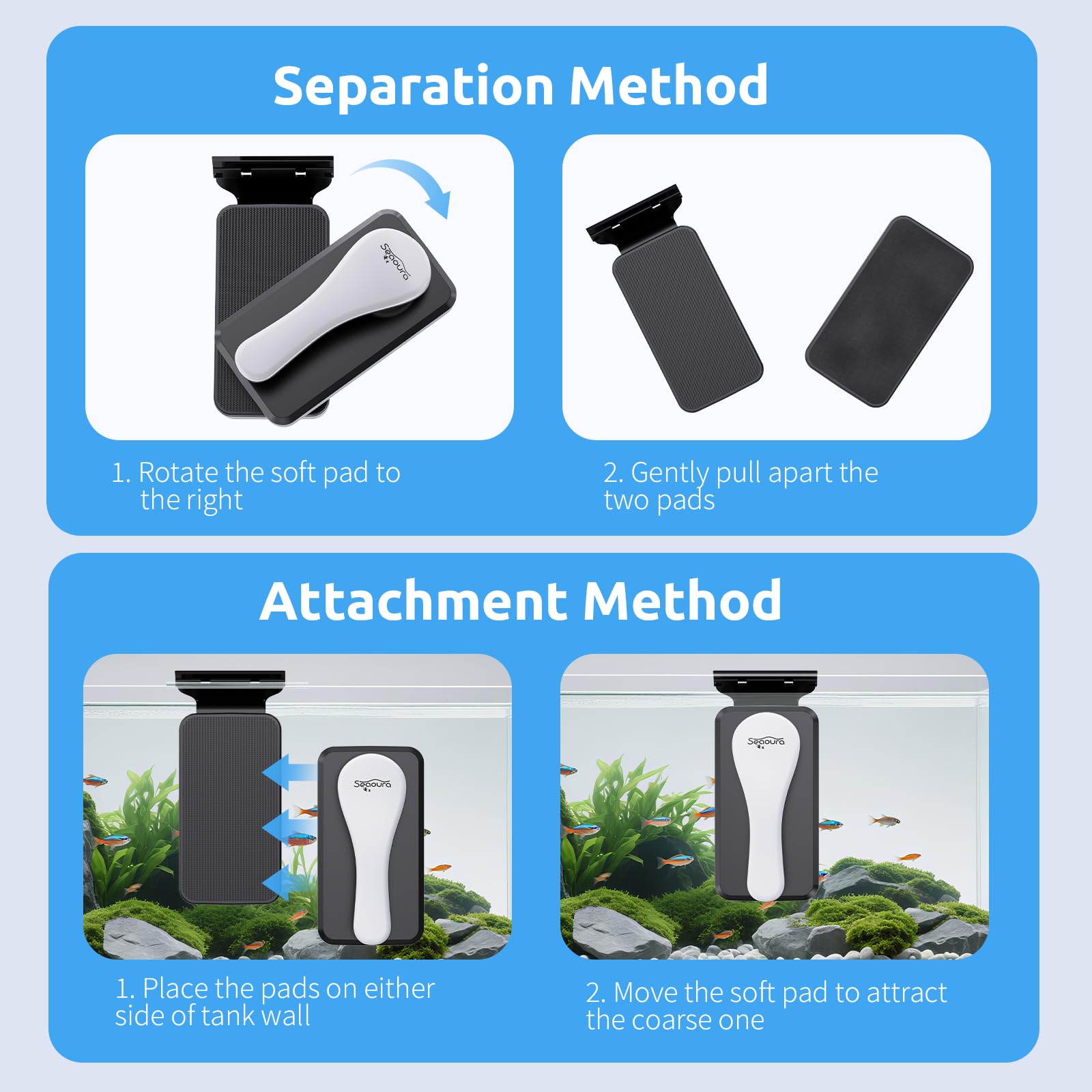 SEAOURA magnetic hold works through glass up to 1/2 inch for easy scrubbing.