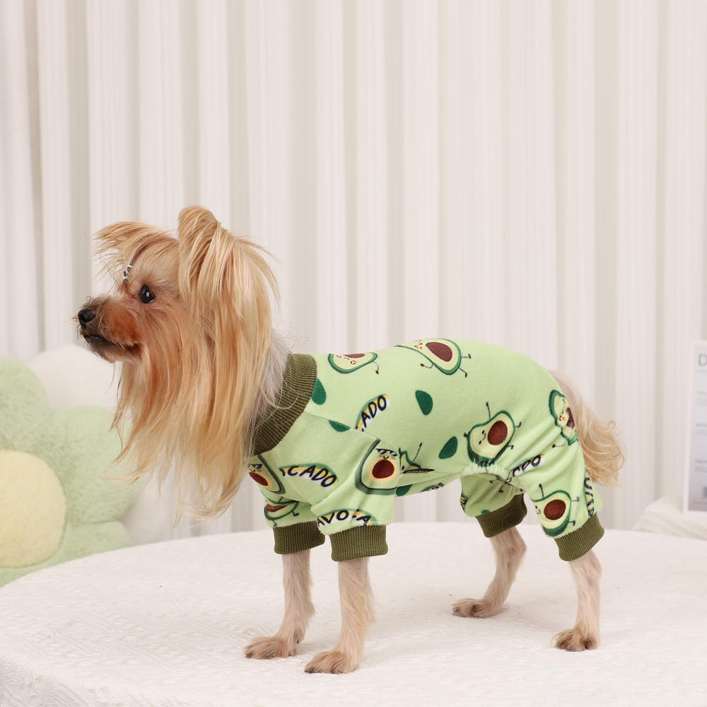 Sebaoyu avocado dog pajamas closeup shows stretchable velvet for relaxed movement