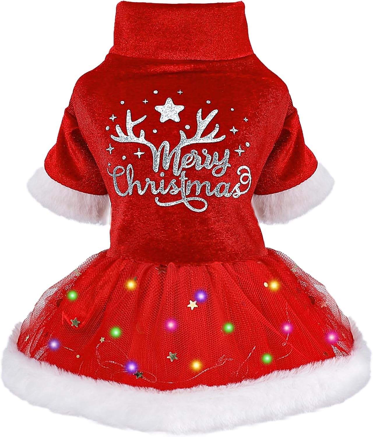 Sebaoyu LED Christmas dog dress front view with festive glow for holiday photos.
