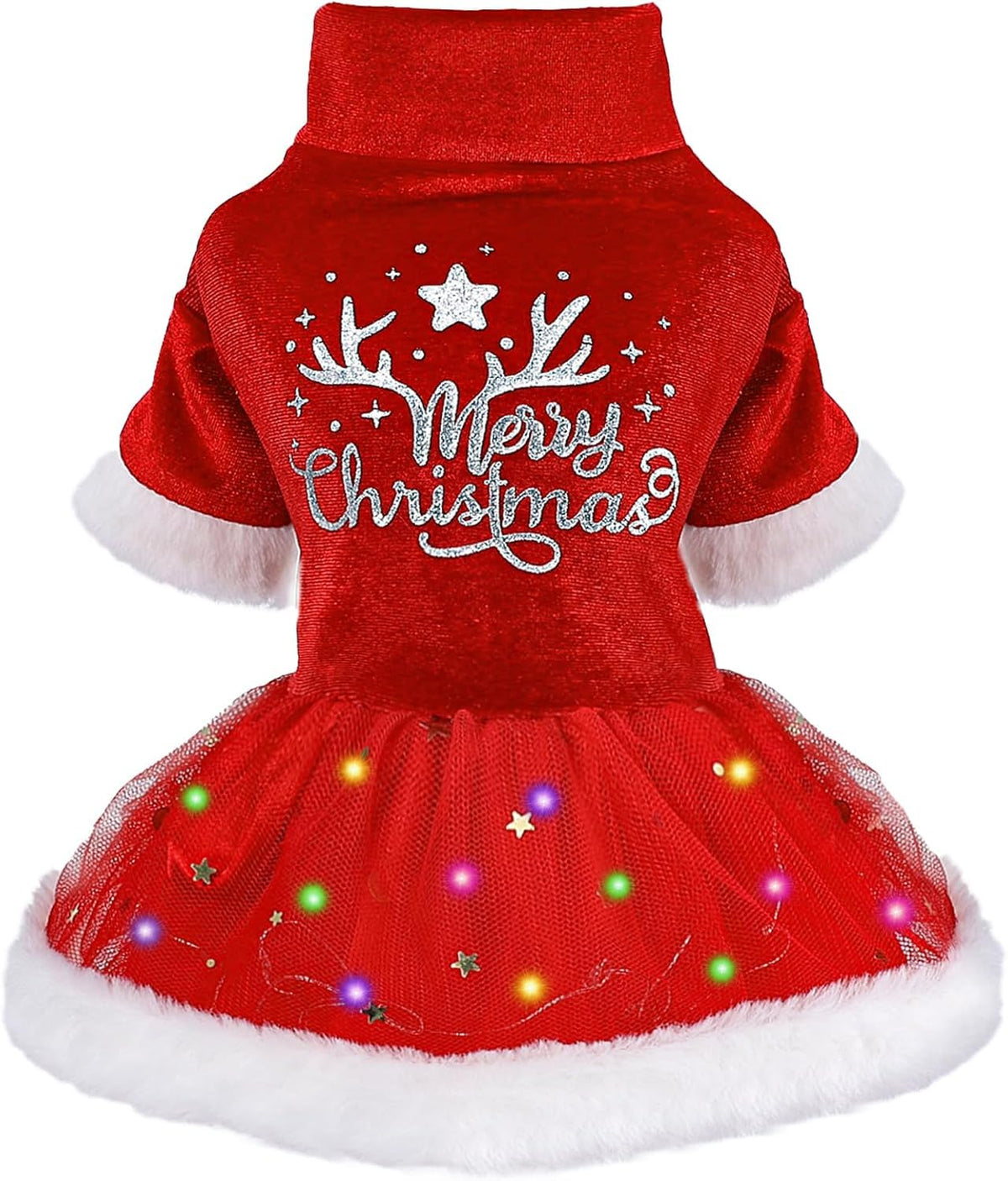 Sebaoyu LED Christmas dog dress front view with festive glow for holiday photos.