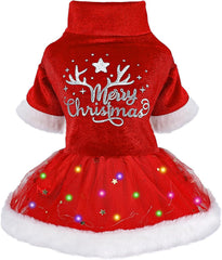 Sebaoyu LED Christmas dog dress front view with festive glow for holiday photos.