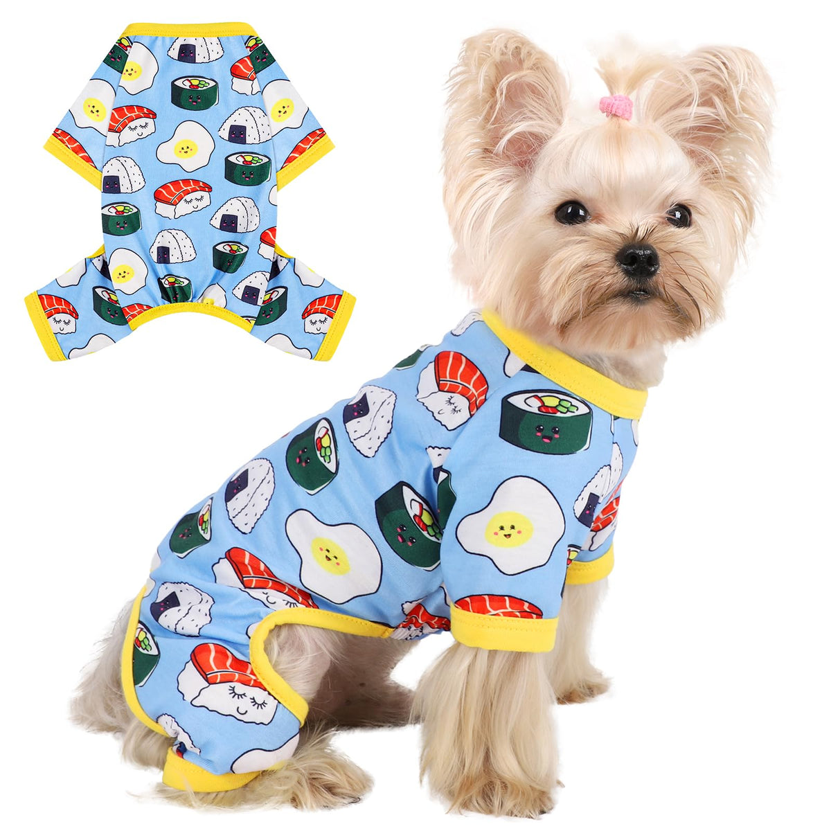 Sebaoyu dog pajamas blue bread XS fabric close-up for soft comfort.
