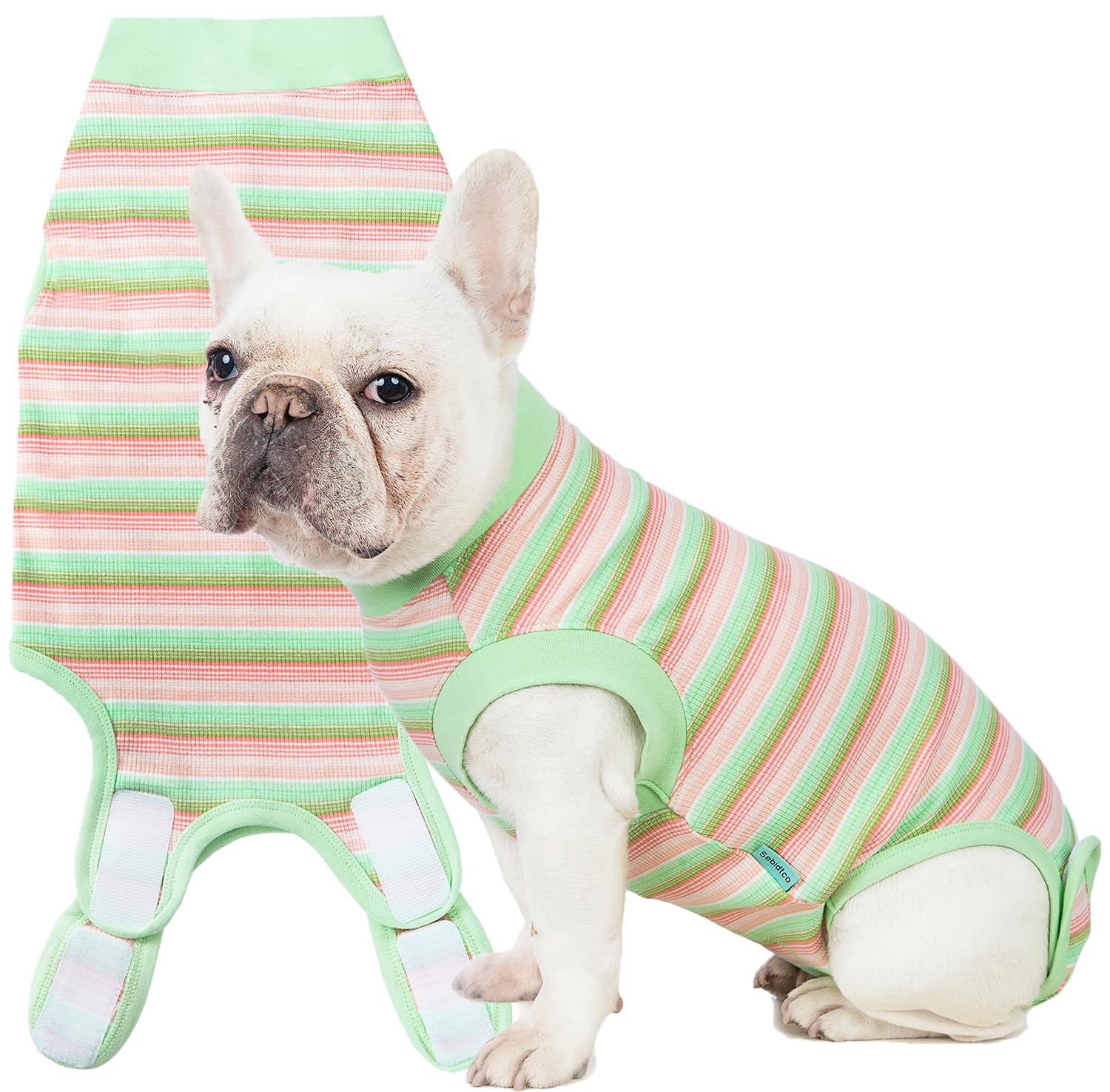 Sebidtco recovery suit for dogs front view shows soft, protective post-surgery coverage.