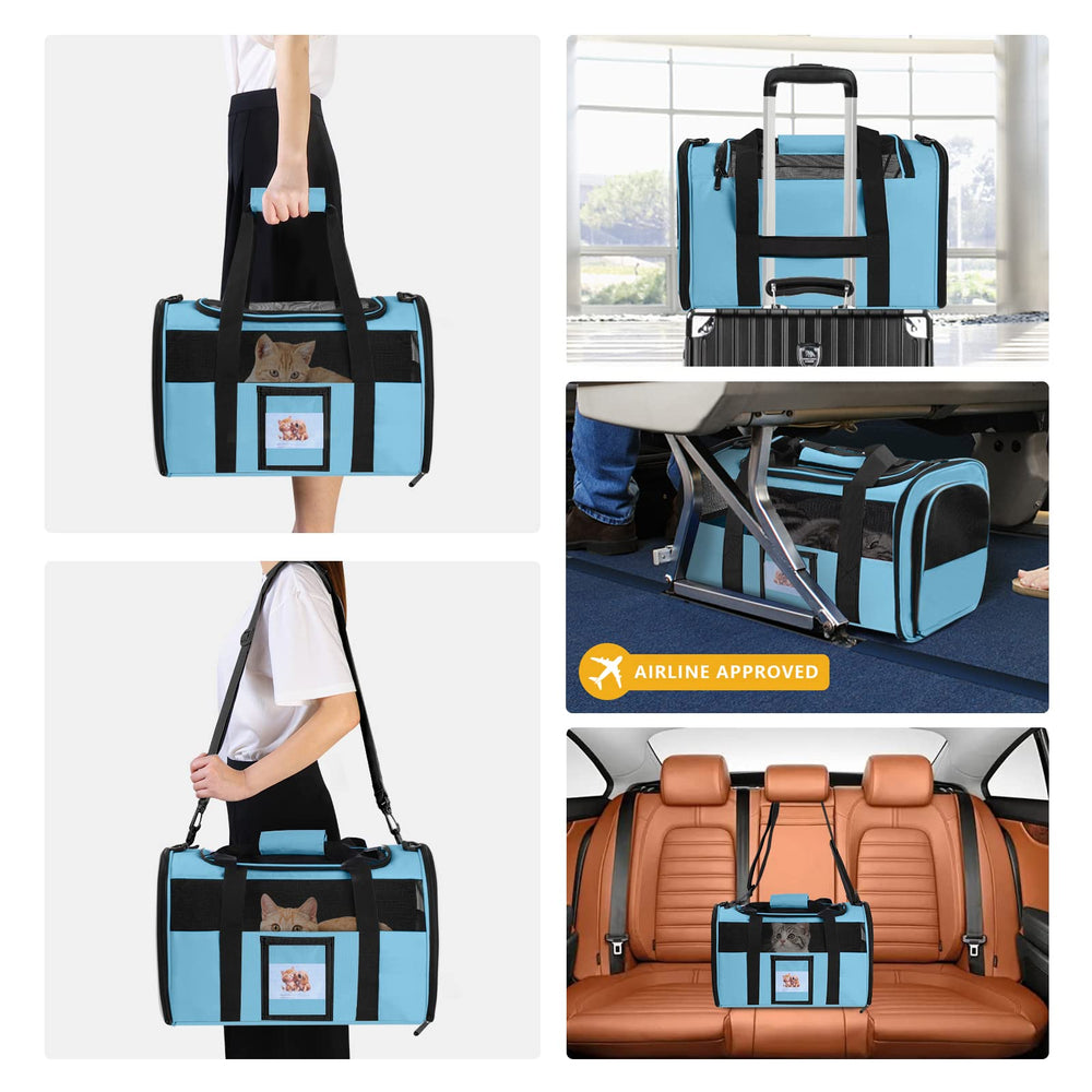 SECLATO cat carrier airline-approved blue fits under-seat on most carriers.