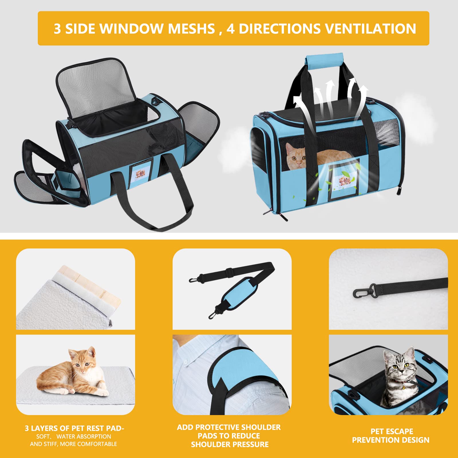 SECLATO cat carrier breathable-mesh blue promotes airflow for pet comfort.