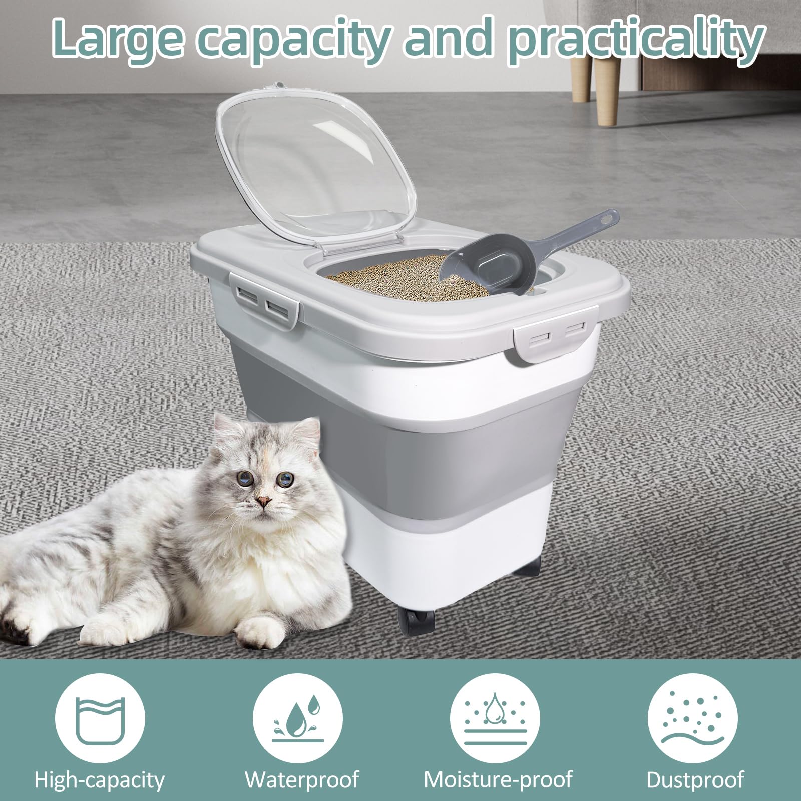 SECOAT cat litter storage container with casters for easy repositioning