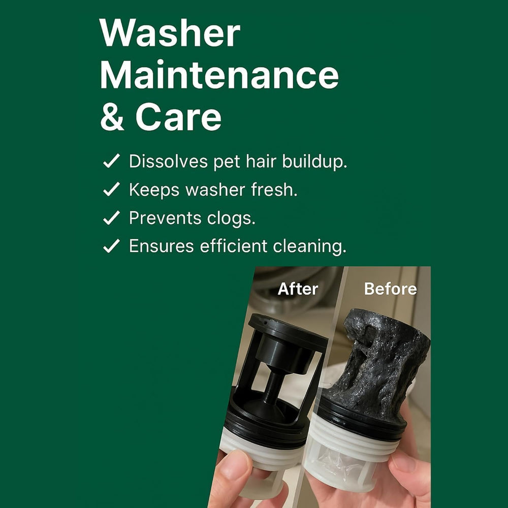 Seedshub Pet Hair Dissolver helps prevent washer clogs by removing hair residue
