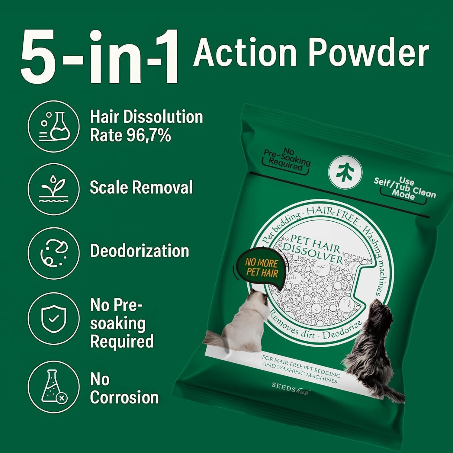 Seedshub Pet Hair Dissolver activated by the hottest cycle to dissolve residue.