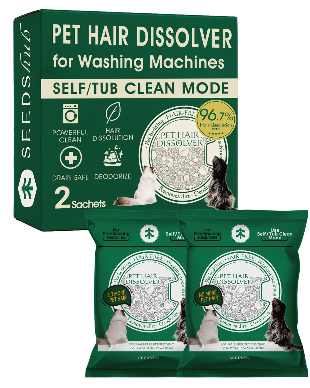 Seedshub Pet Hair Dissolver packaging with two sachets for easy laundry hair removal.