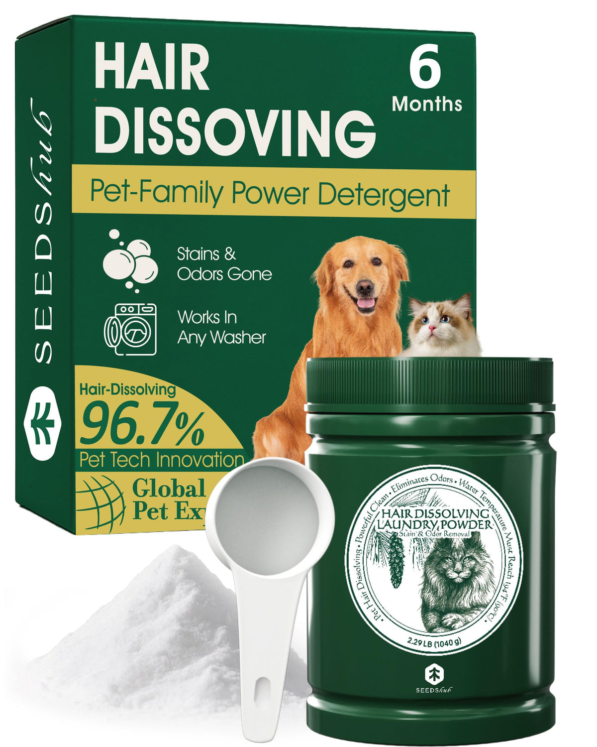 Seedshub Pet Hair Remover drum-dispense shows ready-to-use powder for hair removal.