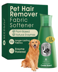 Seedshub Pet Hair Remover bottle pours cedar-scented fabric softener into the washer for fur-free results.