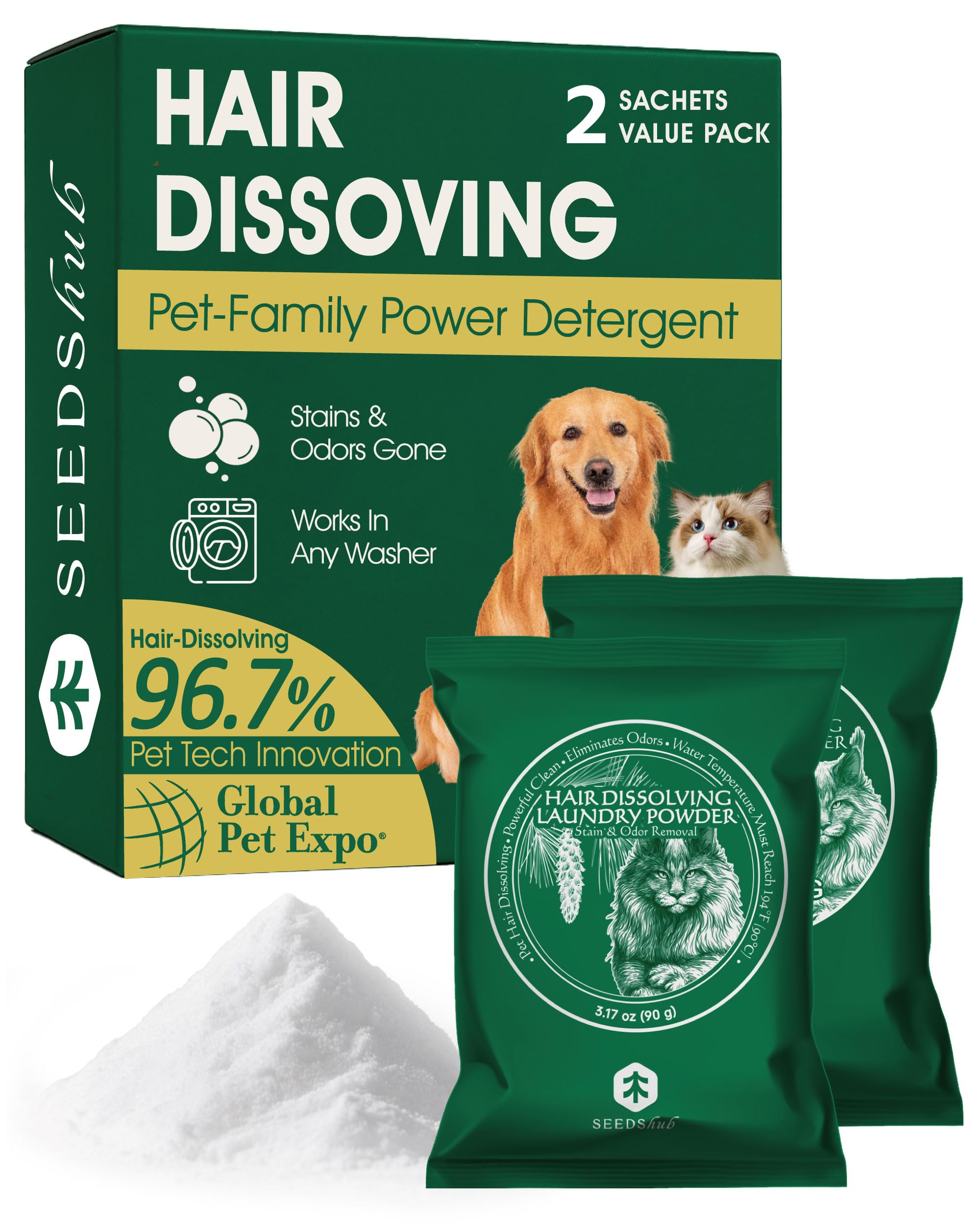 Seedshub Pet Hair Remover powder drum dispense demonstrates easy dosing for clean laundry