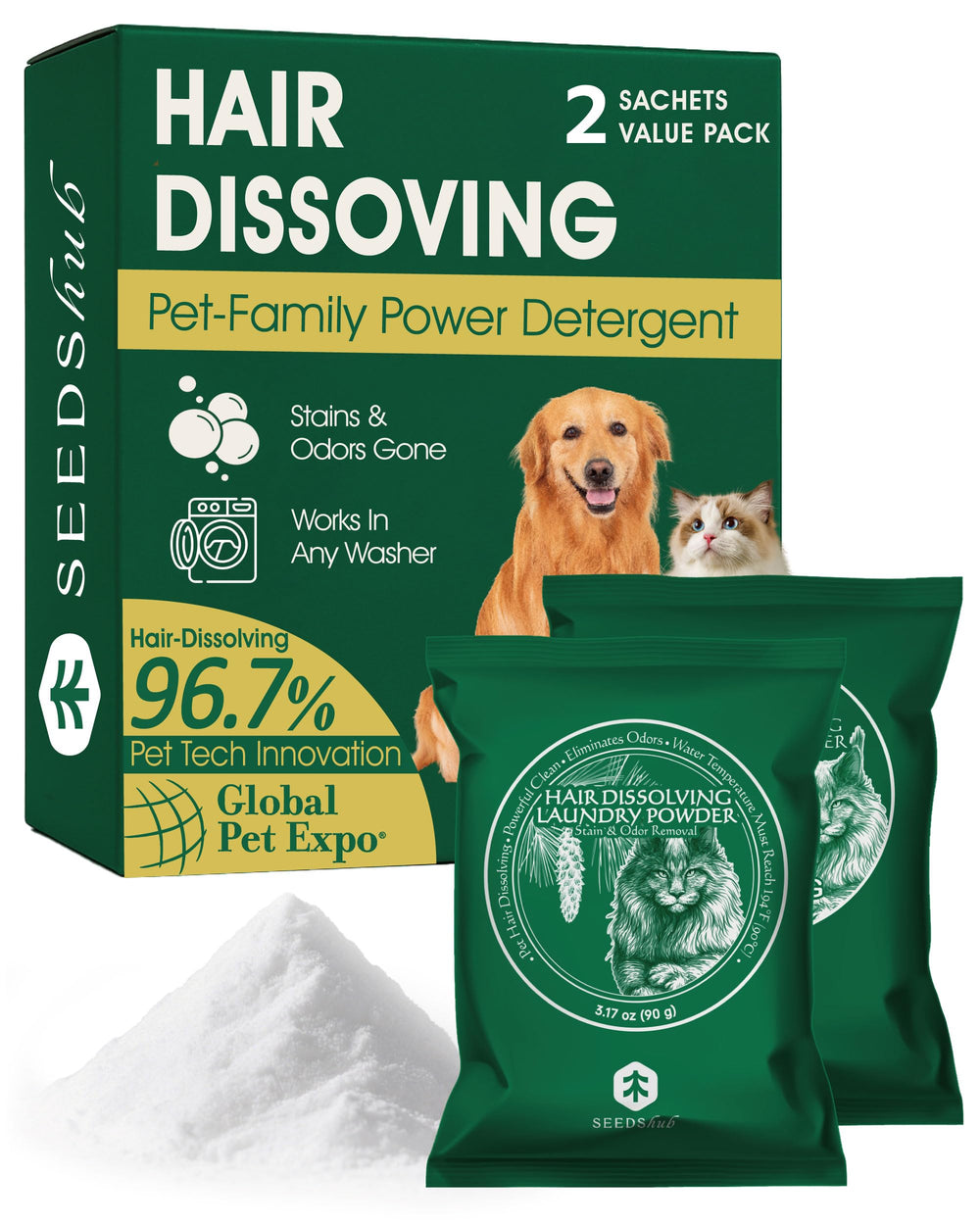 Seedshub Pet Hair Remover powder drum dispense demonstrates easy dosing for clean laundry