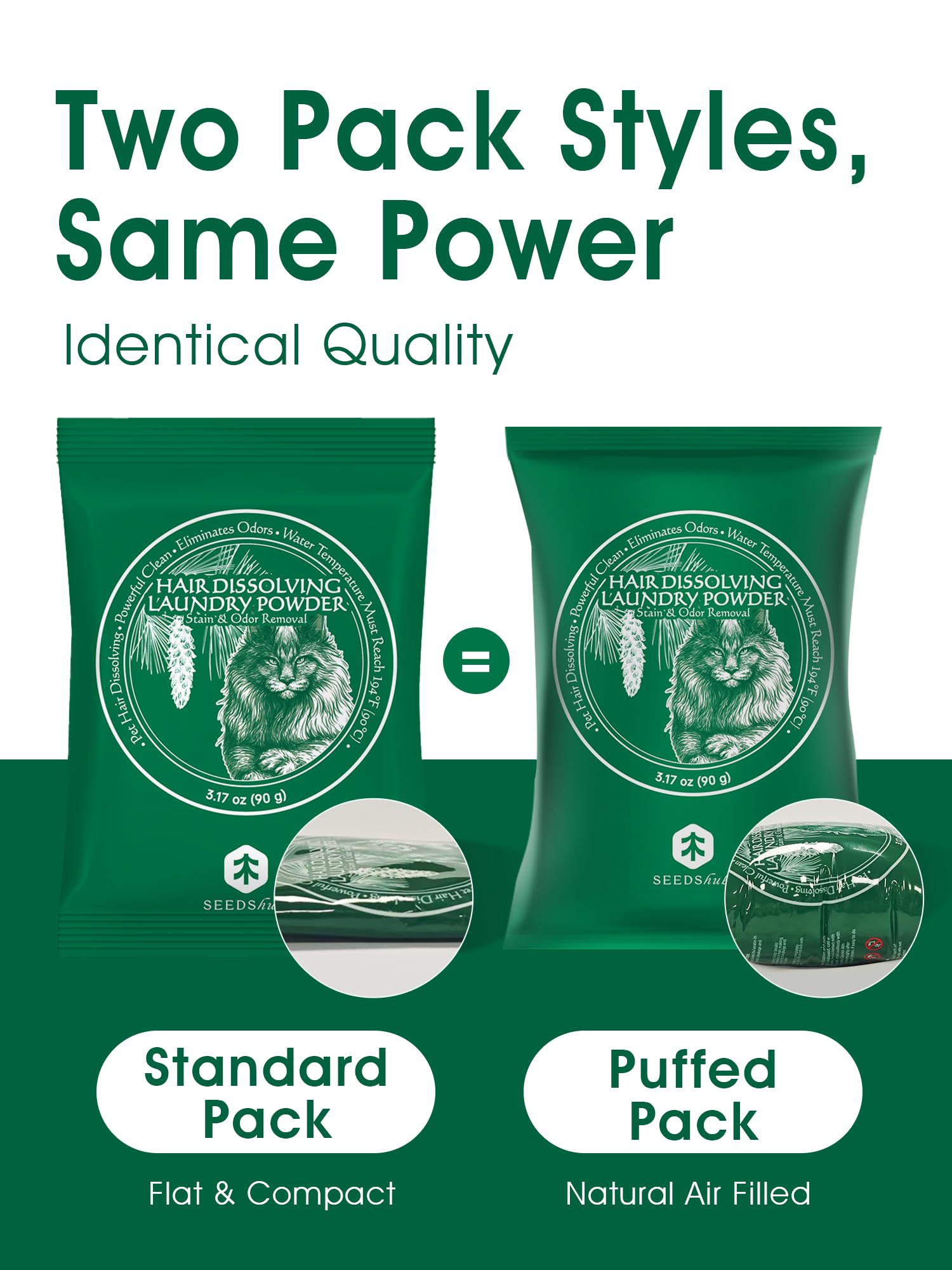Seedshub Pet Hair Remover two sachets pack shows convenient odor-eliminating laundry boost