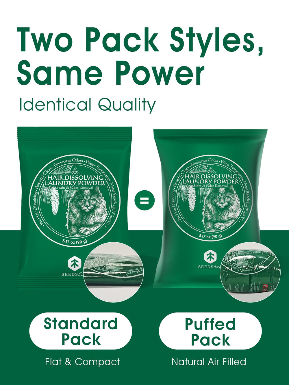 Seedshub Pet Hair Remover two sachets pack shows convenient odor-eliminating laundry boost