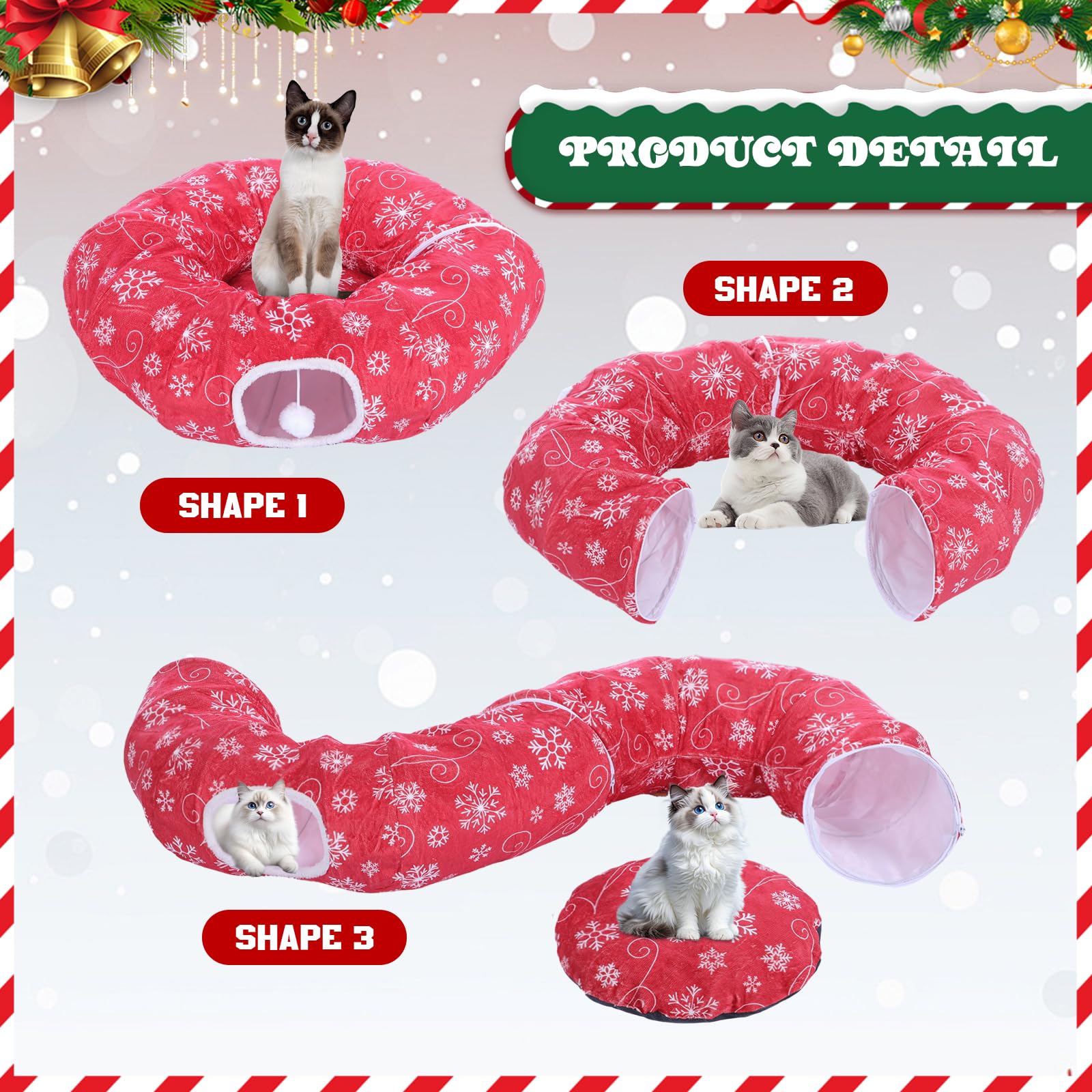 Seeloowy Christmas Cat Tunnel Bed highlights warm flannel fabric for cozy indoor use.