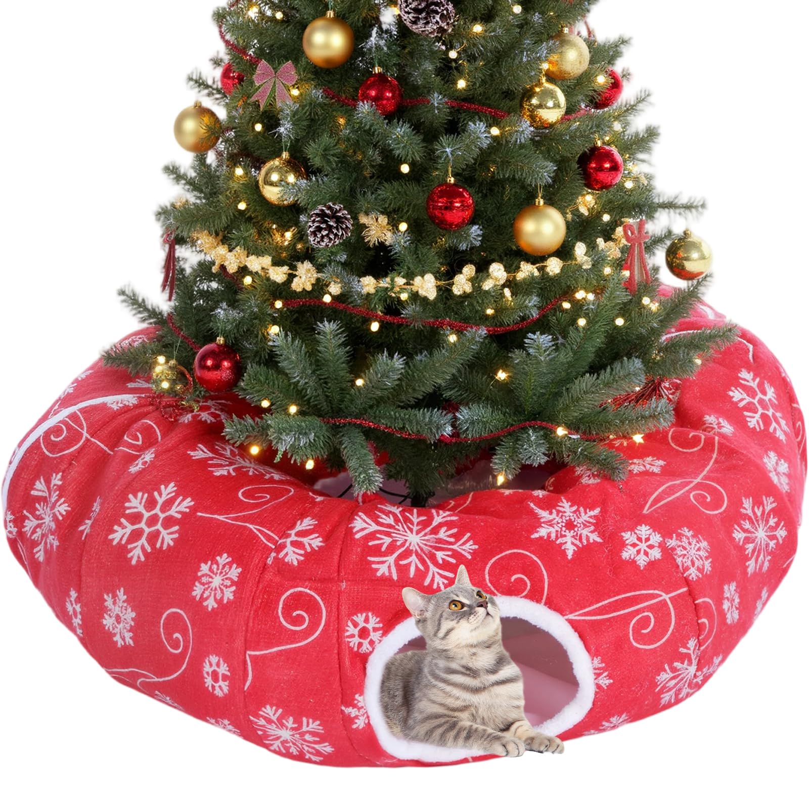 Seeloowy Christmas Tree Cat Tunnel Bed under the tree offers a festive cozy hideaway.