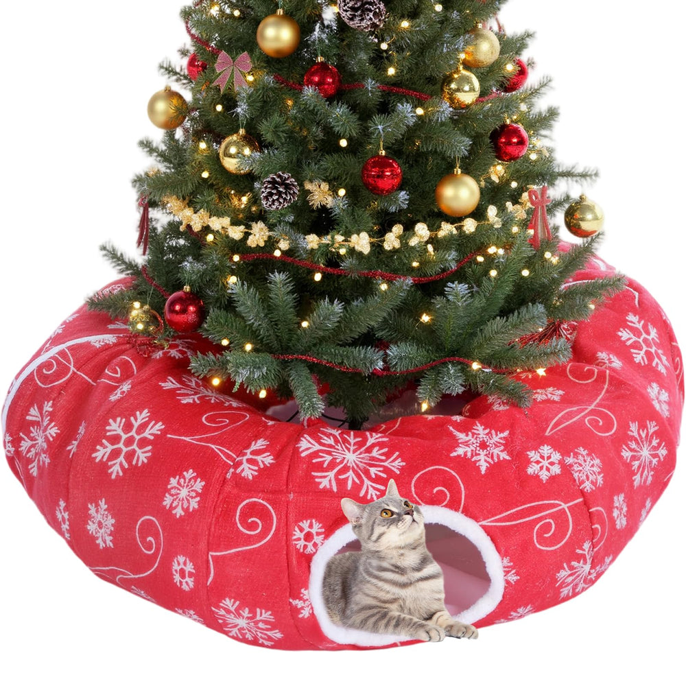 Seeloowy Christmas Tree Cat Tunnel Bed under the tree offers a festive cozy hideaway.