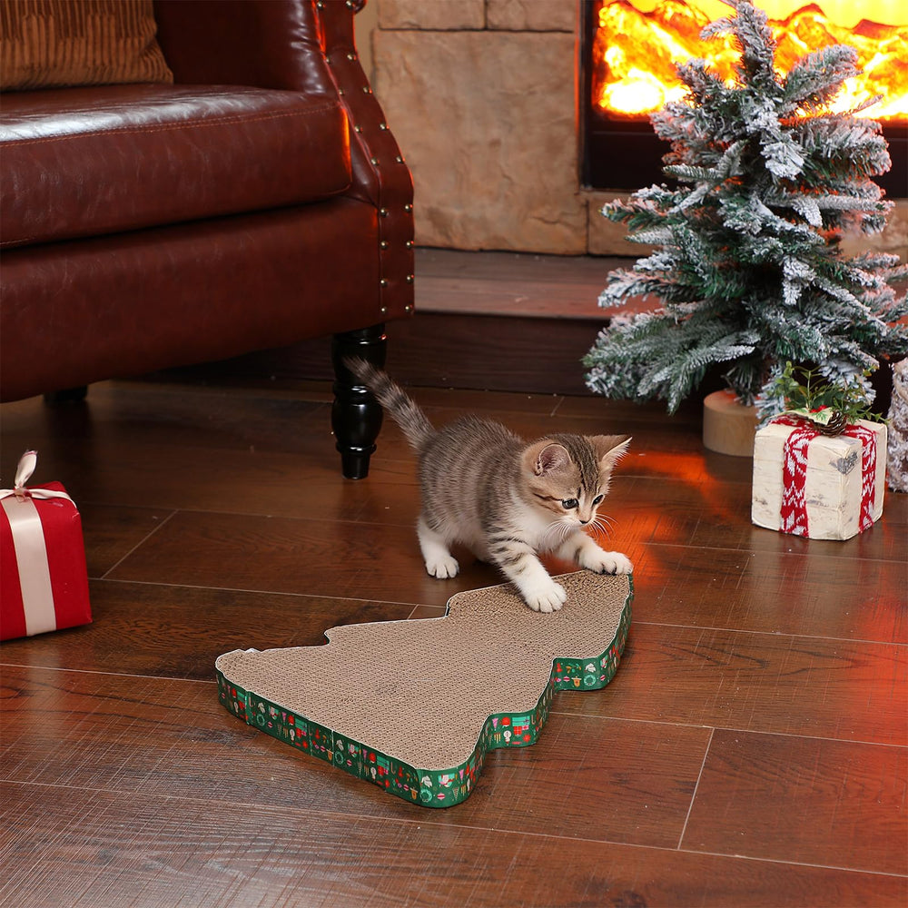 Seematn Christmas tree scratcher in use demonstrates active play and stress relief for felines.