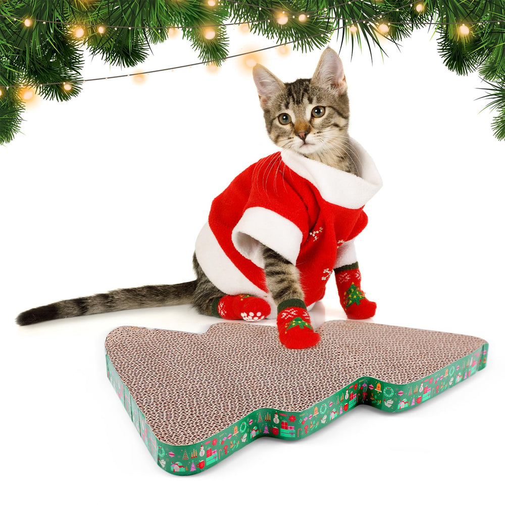 Seematn Christmas tree scratcher decor-in-room image shows festive setup and pet happiness.