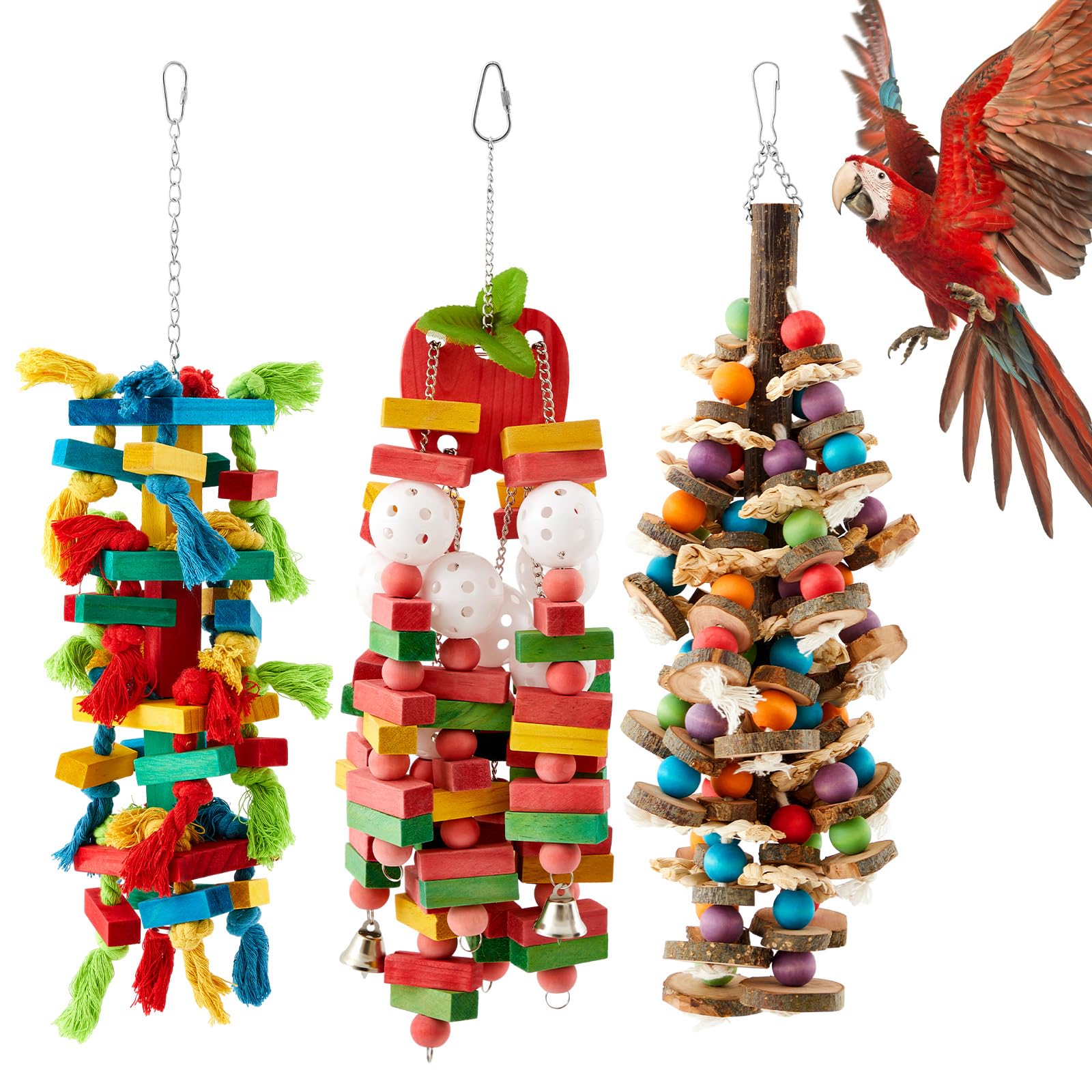 Seenelling 3pcs extra-large parrot toy with multicolored blocks for engaging chewing and climbing.