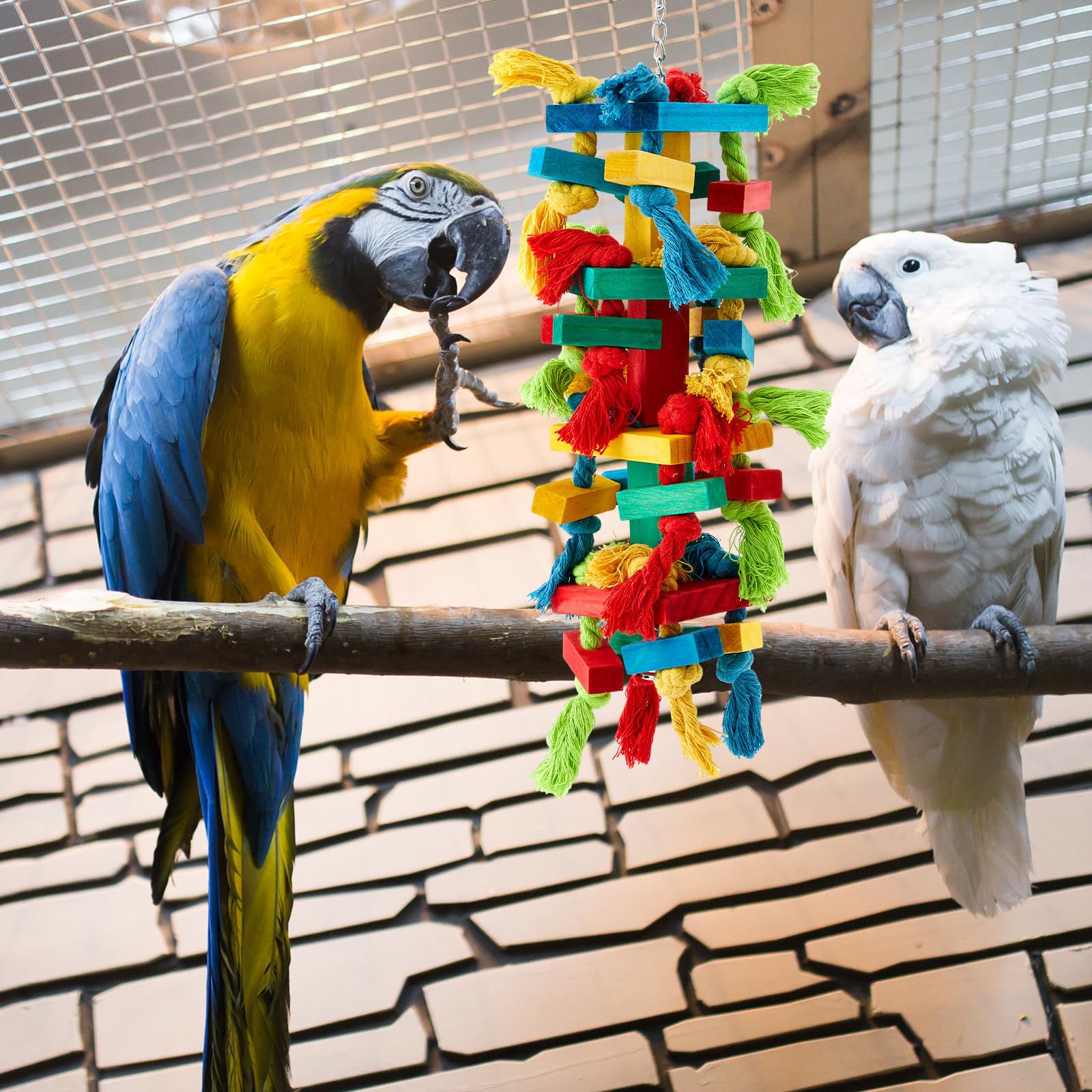 Seenelling easy-install parrot toy with hook simplifies setup on cage or perch.